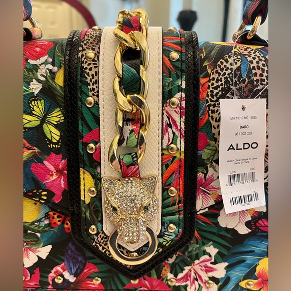 Aldo Baro Tropical Print Top Handle Satchel Bag, Yellow/Multi w/ Crossbody Strap - Picture 8 of 10